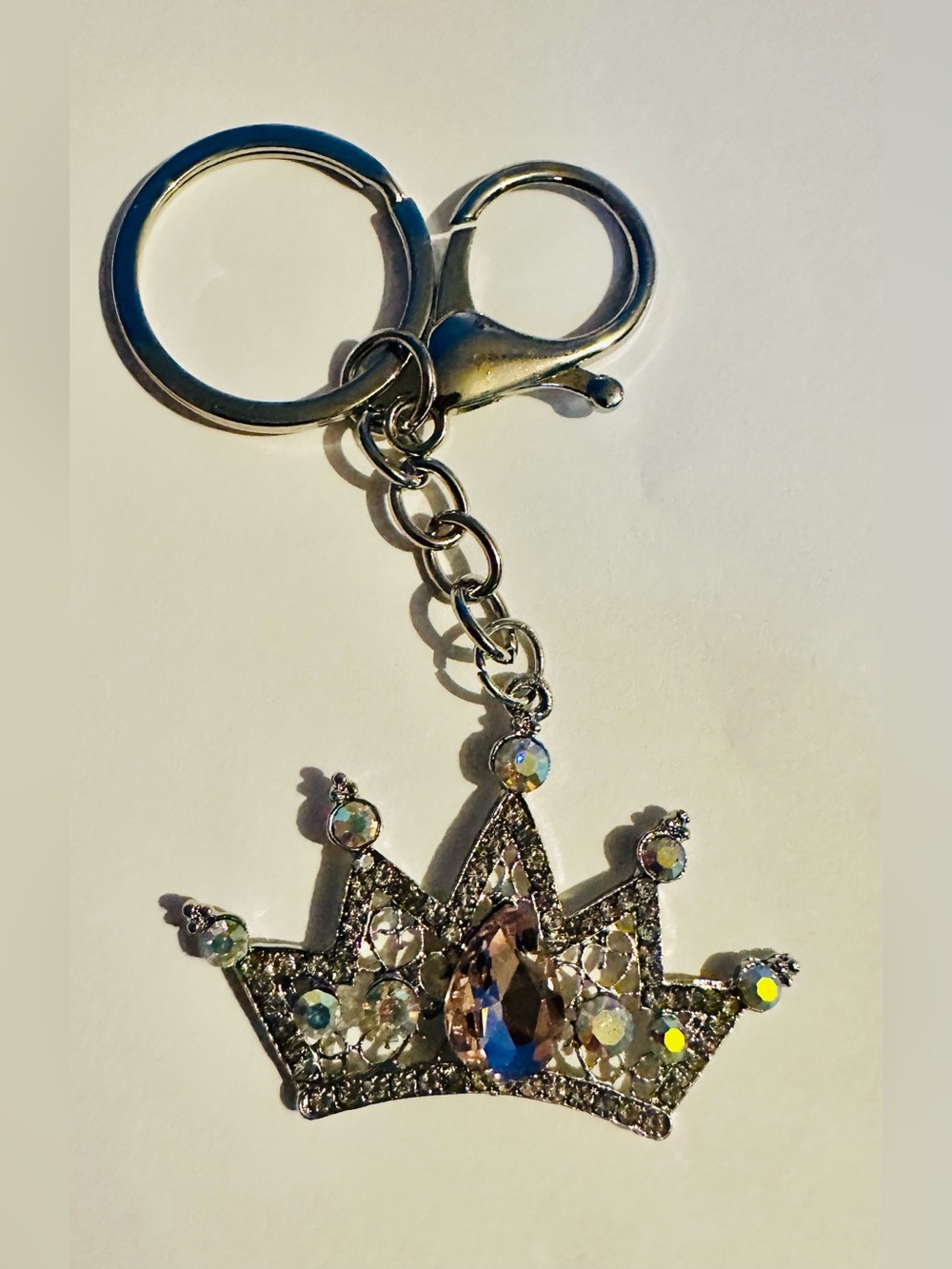 Silver Tone Crown Keychain/Bagcharm Pink Teardrop and Iridescent Crystals